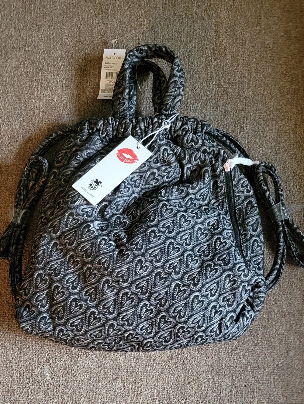 NWT Wildfox Black & Gray Heart Print Drawstring Backpack